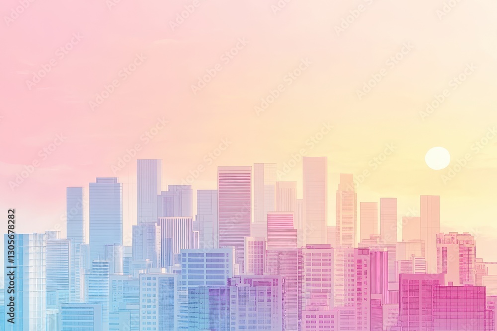 City skyline illustration with buildings under a colorful pastel sky City skyline illustration with buildings under a colorful pastel sky