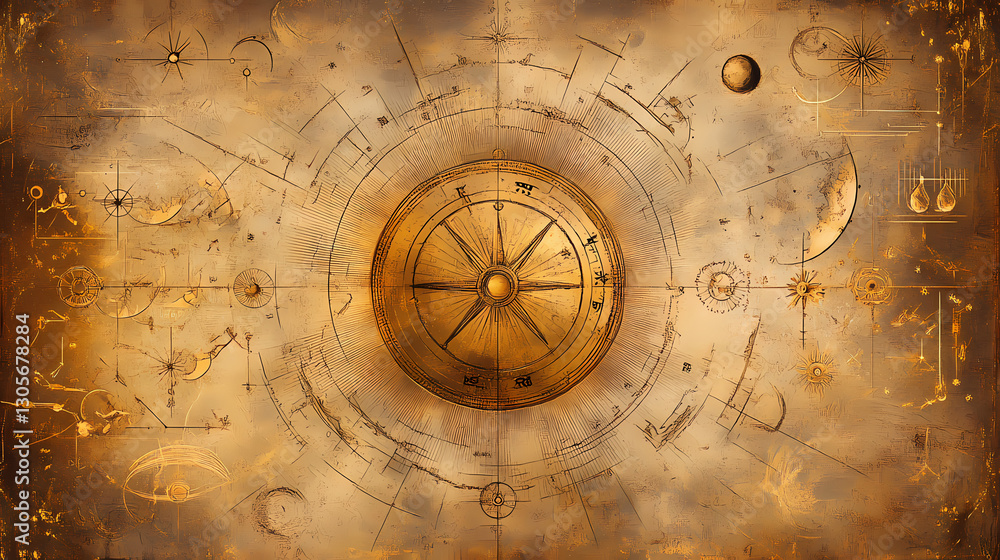Intricately illustrated ancient vedic astrology chart with celestial bodies, zodiac signs, and mystical symbols on a parchment-like background with subtle golden accents. Celestial - Sky. Illustration Intricately illustrated ancient vedic astrology chart with celestial bodies, zodiac signs, and mystical symbols on a parchment-like background with subtle golden accents. Celestial - Sky. Illustration