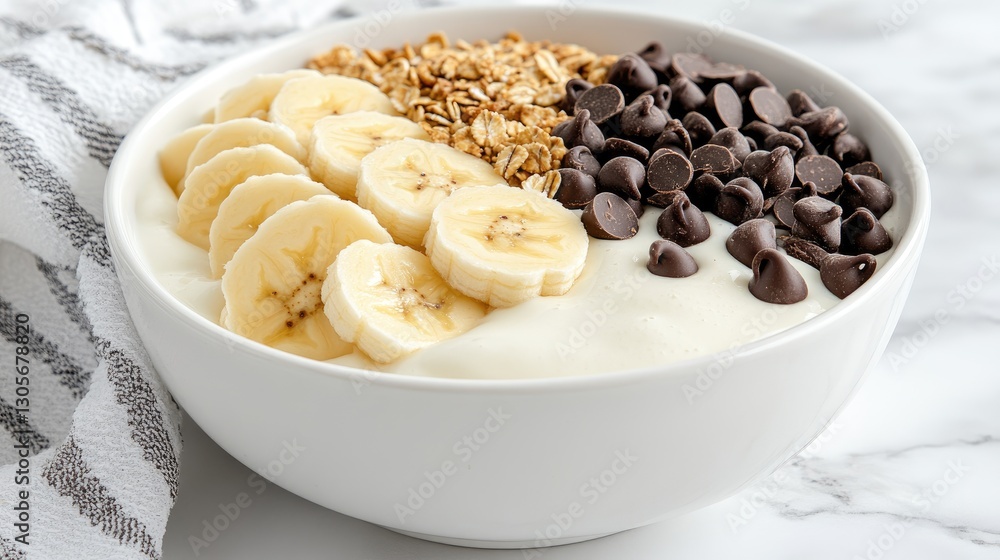 A bowl filled with smooth yogurt topped with banana slices, crunchy granola, and chocolate chips sits on a plain white surface, showcasing a nutritious breakfast option A bowl filled with smooth yogurt topped with banana slices, crunchy granola, and chocolate chips sits on a plain white surface, showcasing a nutritious breakfast option