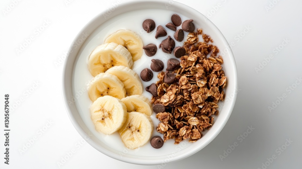 A bowl filled with smooth yogurt topped with banana slices, crunchy granola, and chocolate chips sits on a plain white surface, showcasing a nutritious breakfast option A bowl filled with smooth yogurt topped with banana slices, crunchy granola, and chocolate chips sits on a plain white surface, showcasing a nutritious breakfast option