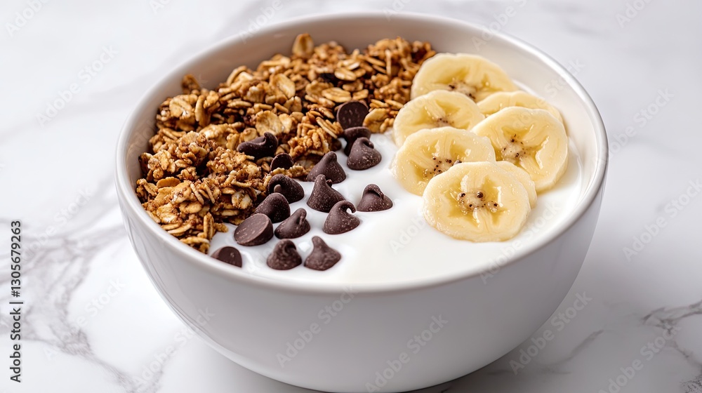 A bowl filled with smooth yogurt topped with banana slices, crunchy granola, and chocolate chips sits on a plain white surface, showcasing a nutritious breakfast option A bowl filled with smooth yogurt topped with banana slices, crunchy granola, and chocolate chips sits on a plain white surface, showcasing a nutritious breakfast option