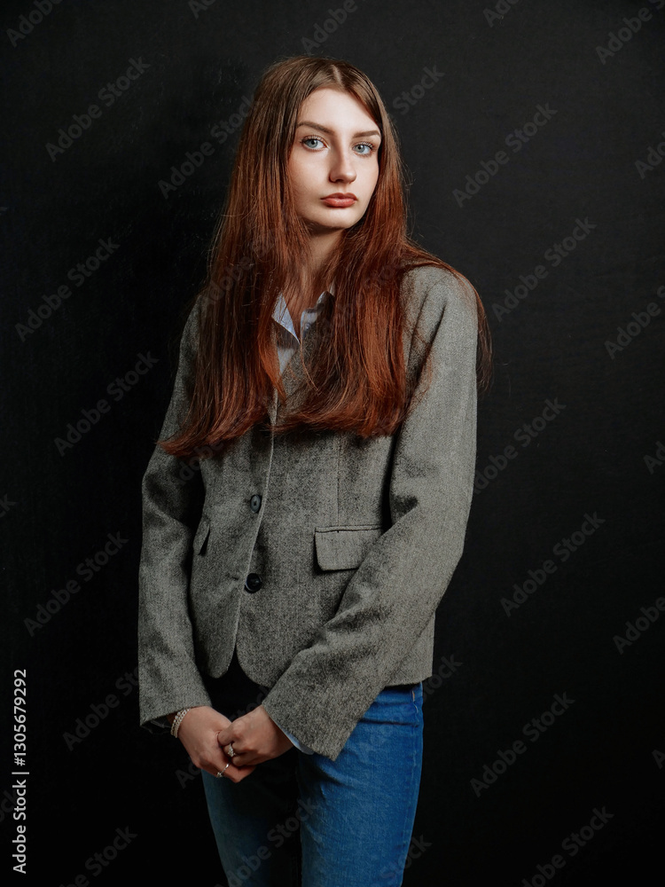 Young business woman in grey suit posing on dark background. Fashion and style concept. Model has long hair and slim body type. Elegant lady portrait. Young business woman in grey suit posing on dark background. Fashion and style concept. Model has long hair and slim body type. Elegant lady portrait.