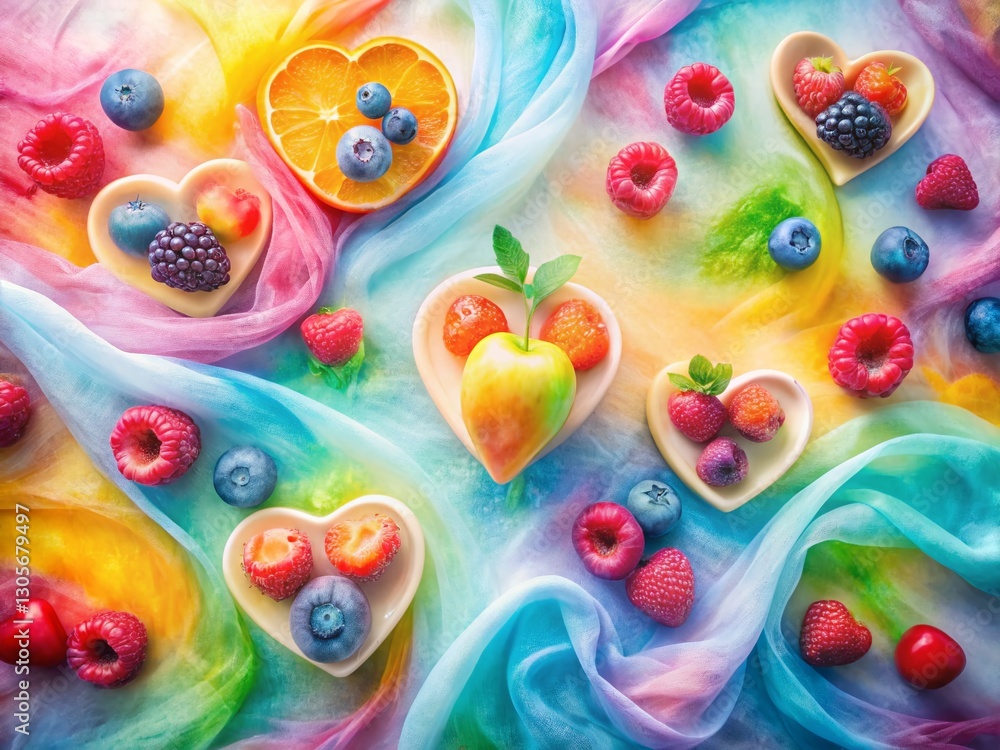Fototapeta premium Watercolor Fruit Heart Illustrations: Long Exposure Textile Design