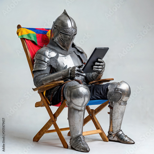 Medieval knight sitting on director chair using digital tablet