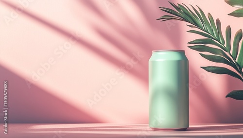 Wallpaper Mural Pastel Green Aluminum Can with Tropical Leaves on Pink Background Torontodigital.ca