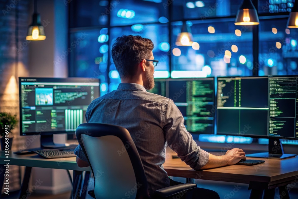 Focused programmer in modern office environment working on multiple screens Focused programmer in modern office environment working on multiple screens
