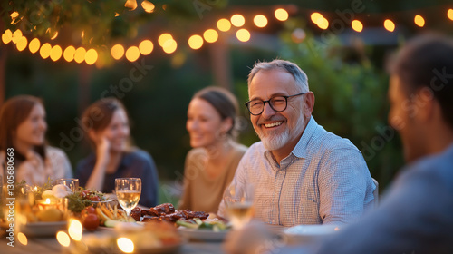 A diverse family barbecue gathering in a cozy backyard at dusk