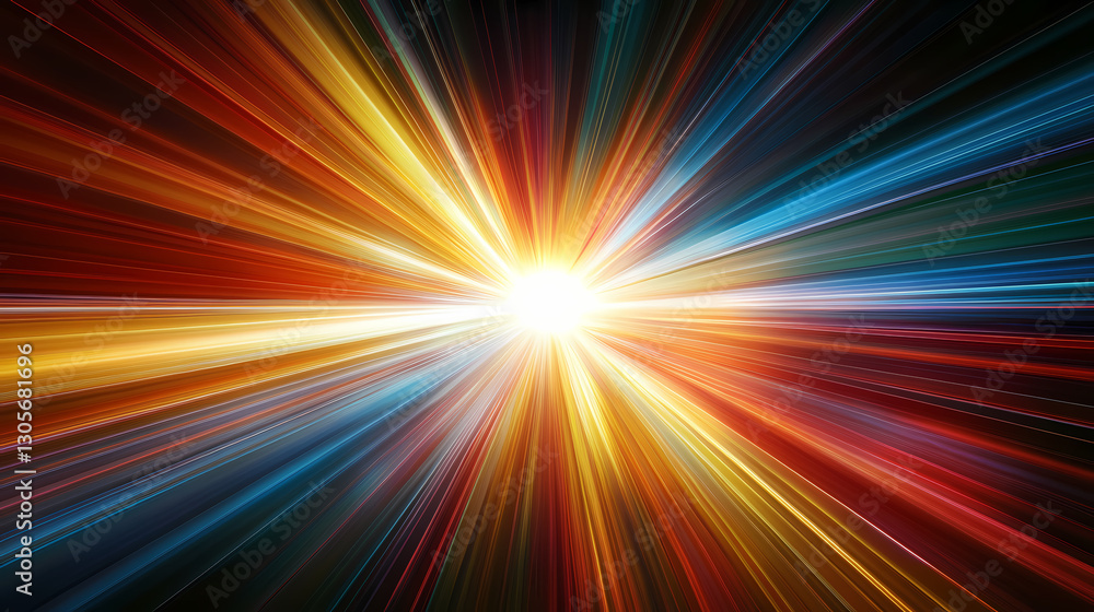 A bright, colorful light burst with rays extending outward from the center, set against a black background. Celestial - Sky. Illustration A bright, colorful light burst with rays extending outward from the center, set against a black background. Celestial - Sky. Illustration