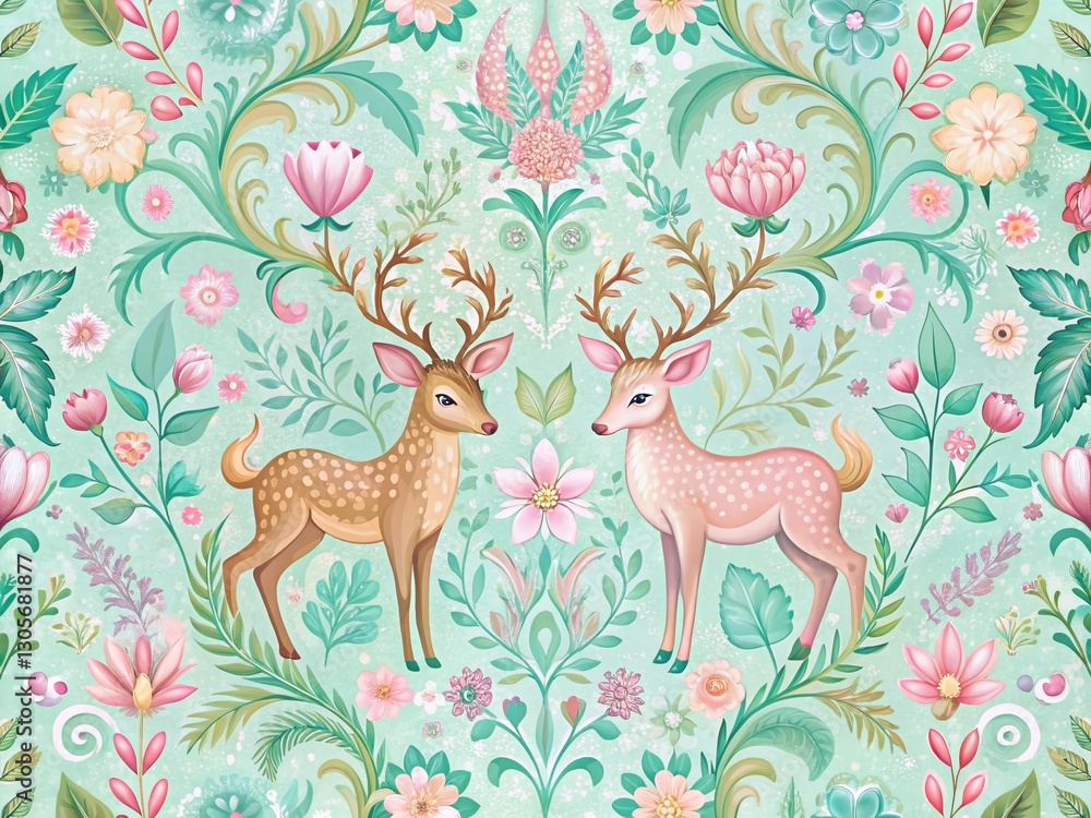 Whimsical Forest Animals Damask Floral Bokeh Background Stock Photo Whimsical Forest Animals Damask Floral Bokeh Background Stock Photo