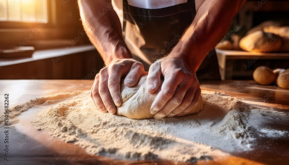 Baker kneading dough on floured wooden table in warm light of bakery Baker kneading dough on floured wooden table in warm light of bakery