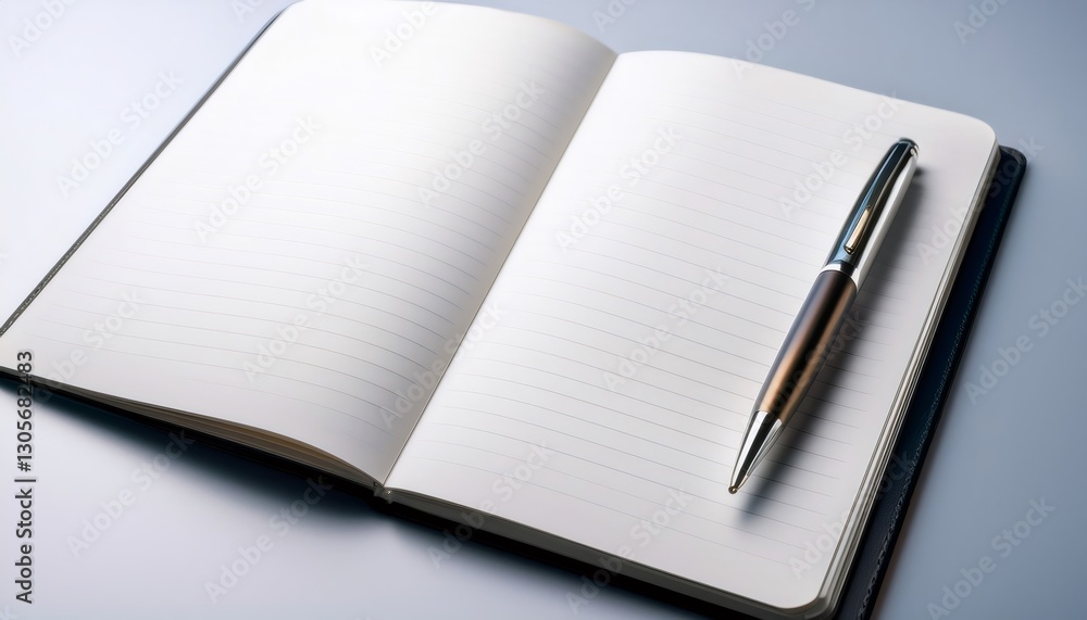 Open notebook with blank pages and a pen on top, ready for taking notes, writing, or journaling Open notebook with blank pages and a pen on top, ready for taking notes, writing, or journaling
