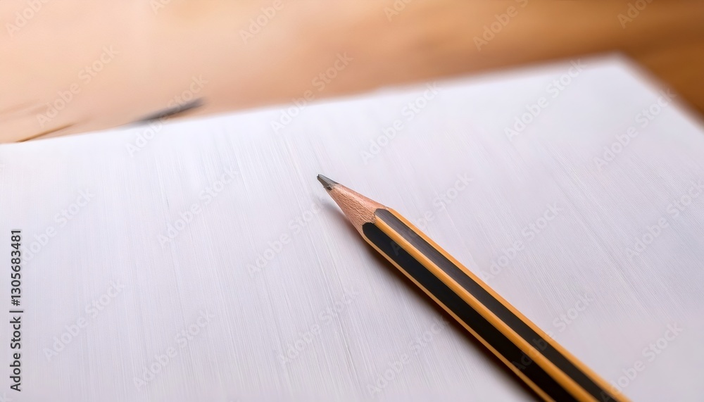 Close up of a sharpened graphite pencil resting on a blank page of a notebook, ready for writing or drawing