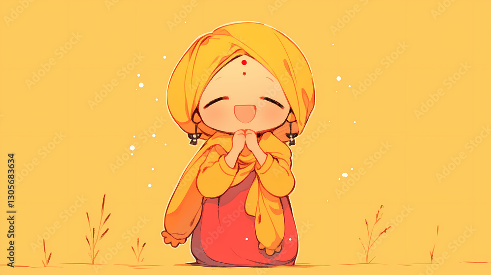 Cheerful animated character in traditional attire smiling joyfully against a warm yellow background