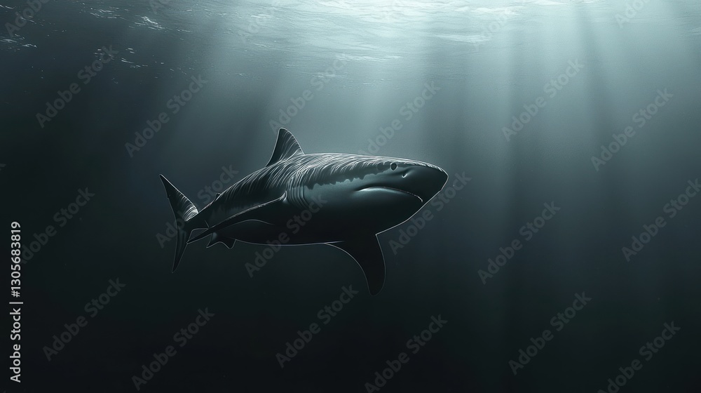 Fototapeta premium Majestic shark underwater, sun rays.
