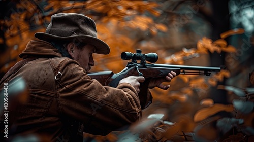 In the forest, a hunter holds a rifle and aims at a deer while hunting photo