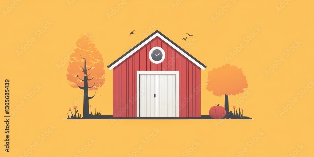 Charming Red Barn Surrounded by Autumn Trees and Pumpkin Set Against a Bright Yellow Background with Subtle Birds Flying Above for Seasonal Vibes Charming Red Barn Surrounded by Autumn Trees and Pumpkin Set Against a Bright Yellow Background with Subtle Birds Flying Above for Seasonal Vibes