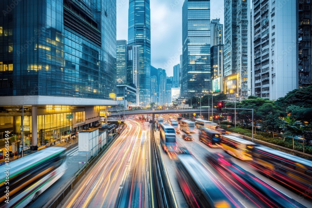 Obraz premium A cityscape of Hong Kong with skyscrapers and busy traffic, captured in long exposure to showcase the movement of cars on urban streets Generative AI