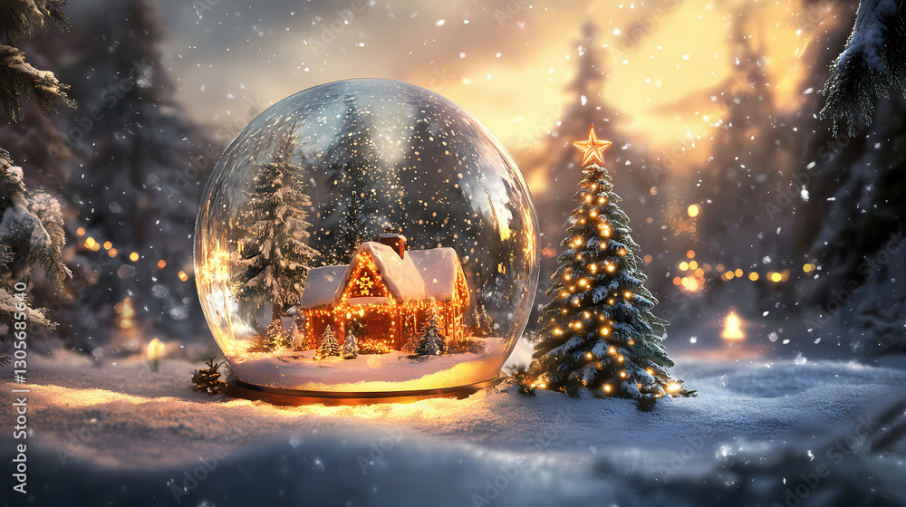 Magical 3d snow globe with christmas scene. Enchanted - Forest. Illustration Magical 3d snow globe with christmas scene. Enchanted - Forest. Illustration