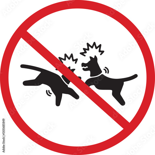 An illustration of a red circle with a red diagonal line and a silhouette of fighting dogs indicating that dog fighting is prohibited