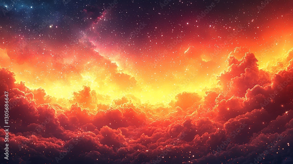 Fototapeta premium Fiery cloudscape at night with stars.
