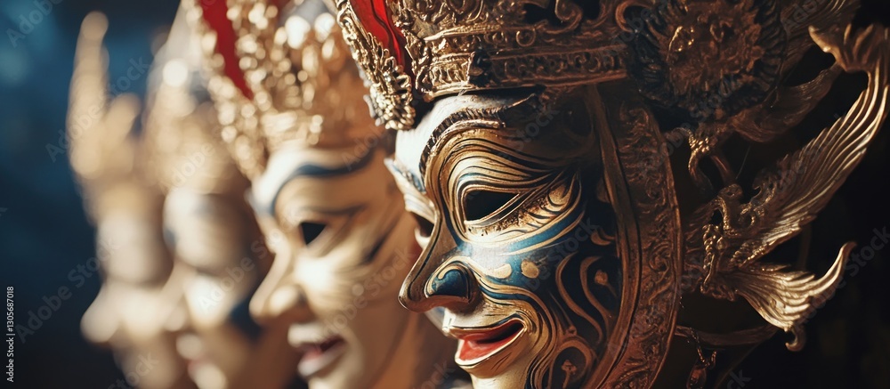Obraz premium Intricate traditional Indonesian masks with gold details displayed for Indonesian Independence celebration