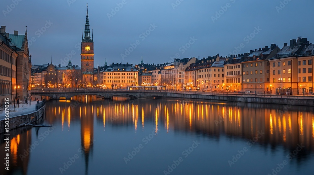 Night cityscape, river reflection, snow, buildings, bridge, lights. Night cityscape, river reflection, snow, buildings, bridge, lights.