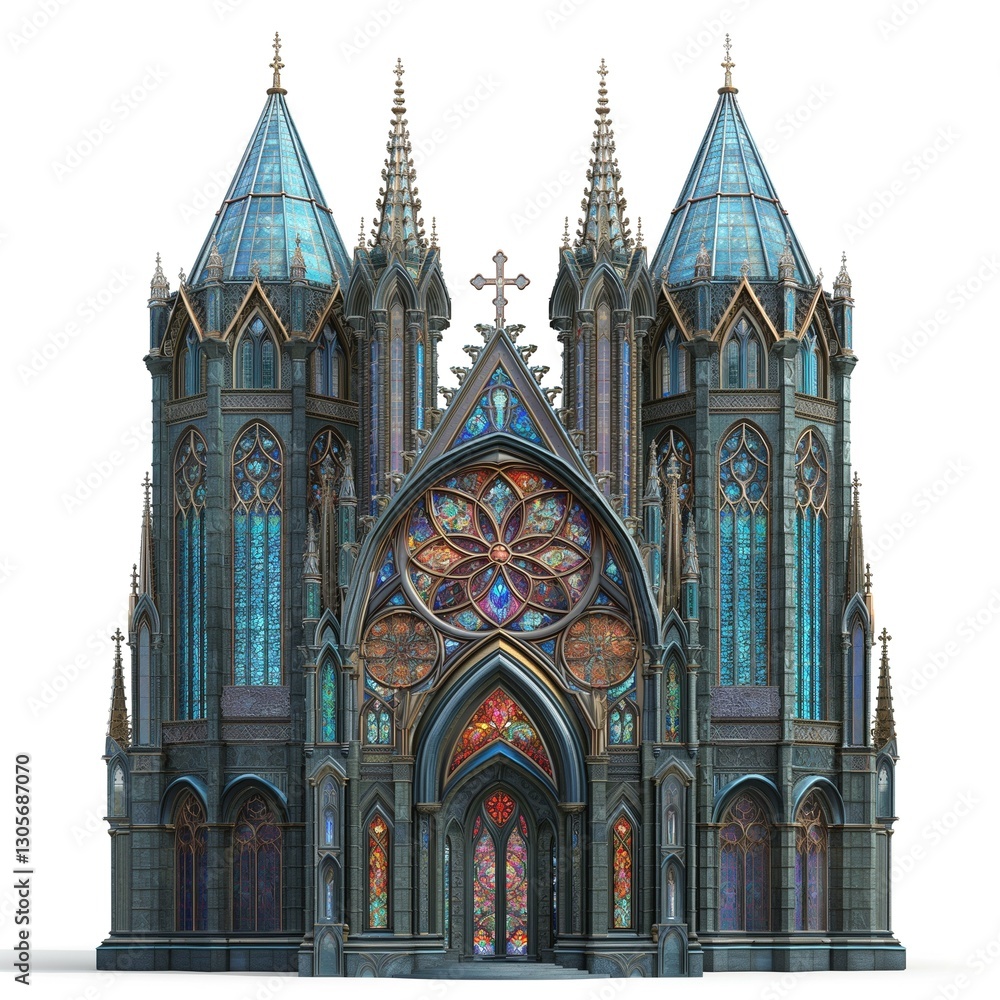 A majestic gothic cathedral with blue-tinted glass, intricate spires, and stunning stained glass windows. A majestic gothic cathedral with blue-tinted glass, intricate spires, and stunning stained glass windows.