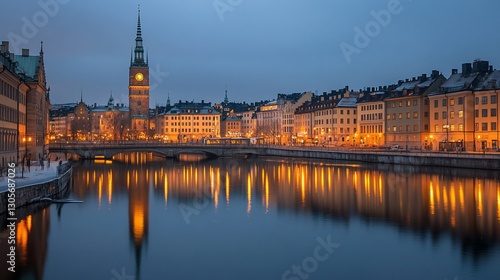 Night cityscape, river reflection, snow, buildings, bridge, lights.