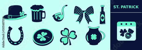 Saint Patrick themed icon set with leprechaun top hat, bow, horseshoe, beer, coin, pipe, lucky jug, shamrock, elixir bottle and calendar.