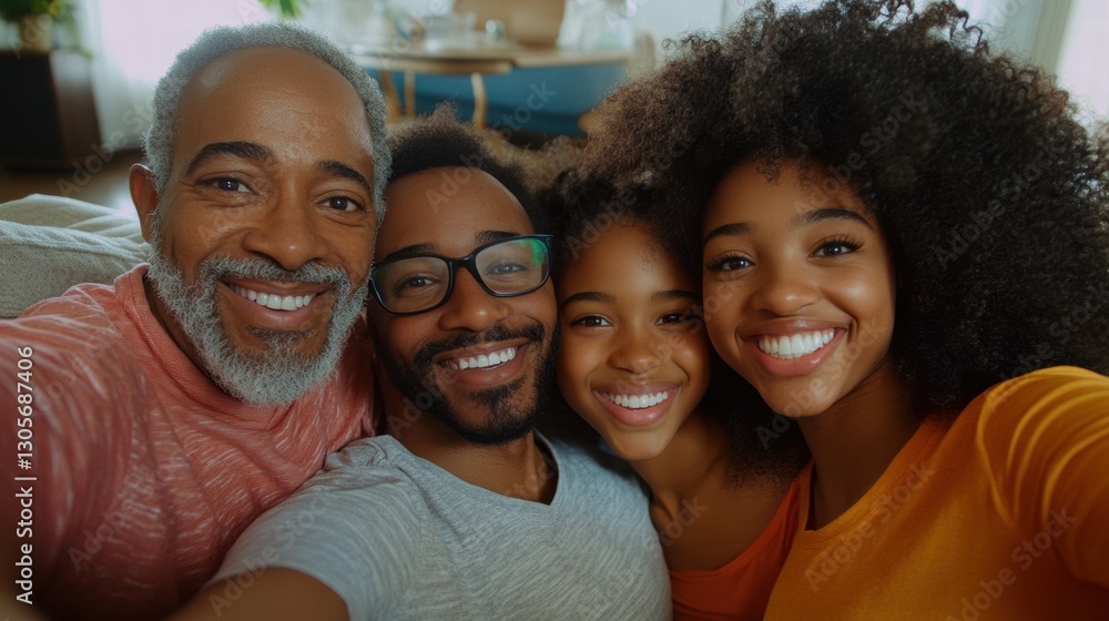 Fototapeta premium Family Group Selfie Moment Sitting Together on Living Room