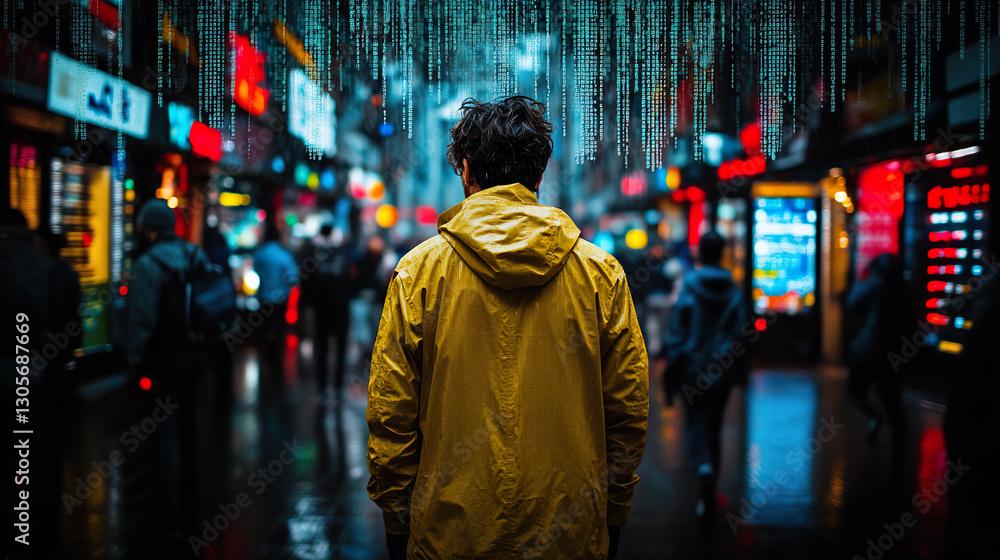Man in a yellow jacket walking in a futuristic city with a cyber digital effect. Generated with AI Man in a yellow jacket walking in a futuristic city with a cyber digital effect. Generated with AI