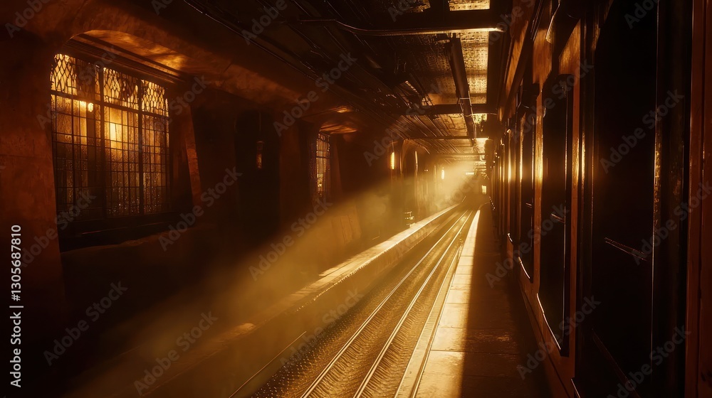 Sunbeams illuminate a dark, empty subway platform with train tracks and aged architecture.