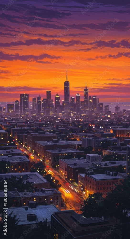 Obraz premium Vibrant cityscape at sunset with illuminated skyline and dramatic sky