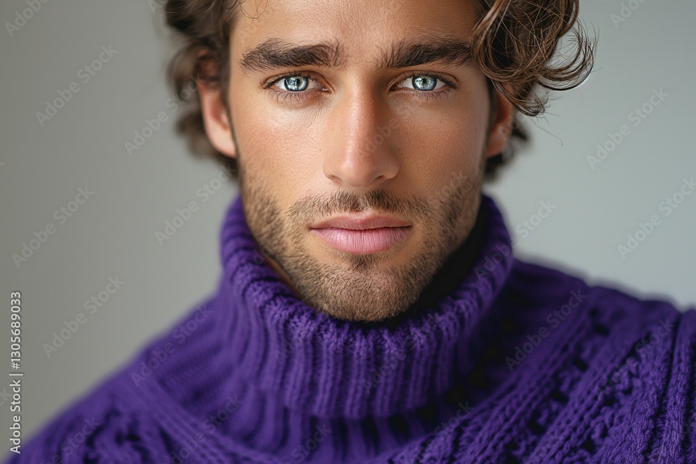 Obraz premium Close-up of a handsome young Caucasian man with striking blue eyes, wearing a cozy purple turtleneck sweater.