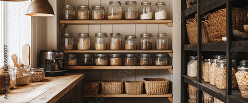 Wallpaper Mural Organized pantry with glass jars filled with grains and legumes, wooden shelves, and woven baskets, showcasing a rustic and minimalist kitchen storage concept Torontodigital.ca