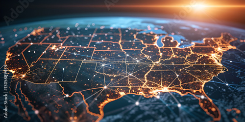 an image of the united states map with lines and connections, night photography, networks connections concept , space view , technology