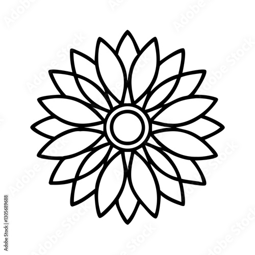 a simple black line drawing of a sunflower with intricate petal details and a circular center vector illustration