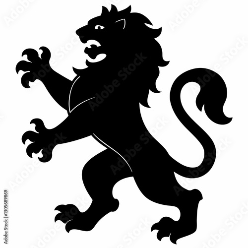a heraldic lion stands in a rampant pose, with sharp claws and a flowing mane. It is a symbol of courage, strength, and royalty vector illustration