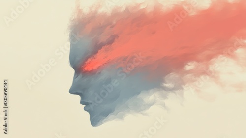 Abstract portrait of a person's face,  painted in shades of blue and coral.  A feeling of ethereal beauty and mystery.