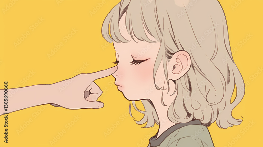 A gentle interaction between a hand and a girl with short, wavy hair against a bright yellow background A gentle interaction between a hand and a girl with short, wavy hair against a bright yellow background