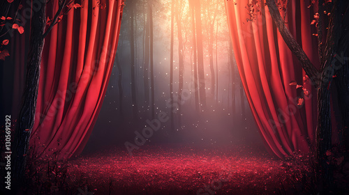 A red curtain is open to reveal a stage with a spotlight shining on it. Enchanted - Forest. Illustration