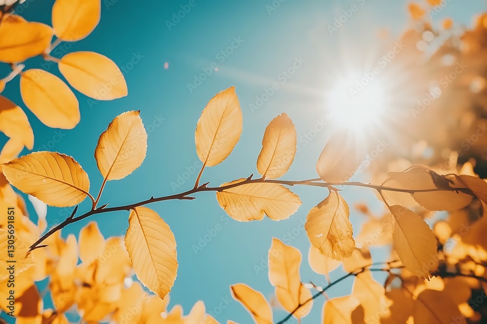 Bright yellow leaves backlit by a bright sun in the sky Bright yellow leaves backlit by a bright sun in the sky