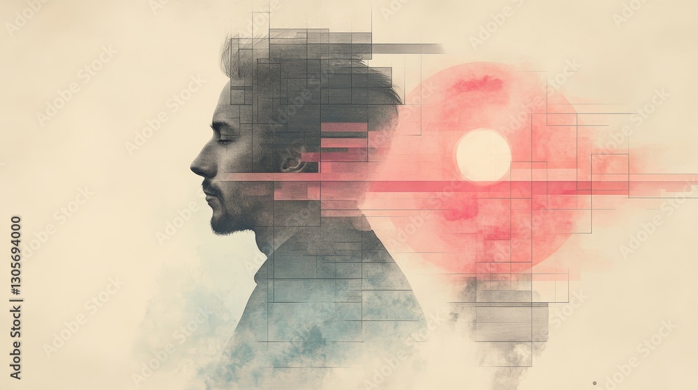 A pensive man, his face partially obscured by geometric shapes, gazes into the distance, a serene, ethereal atmosphere surrounding him. A pensive man, his face partially obscured by geometric shapes, gazes into the distance, a serene, ethereal atmosphere surrounding him.