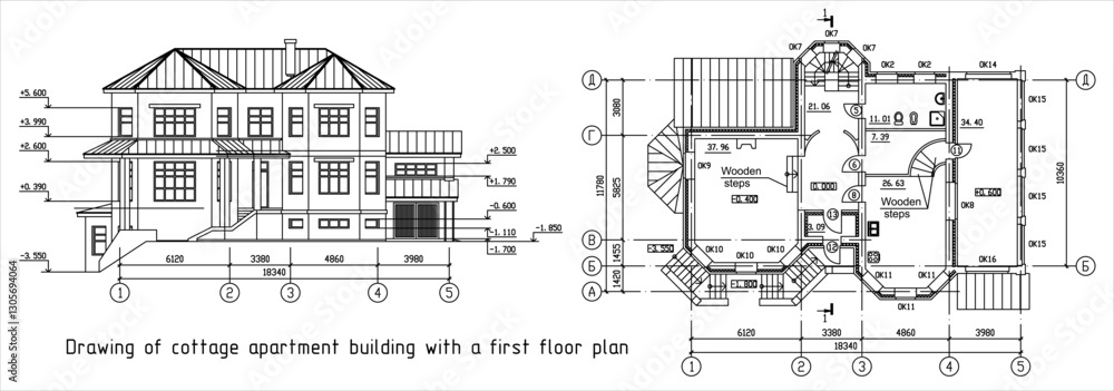 Fototapeta premium Vector architectural engineering construction drawing of private residential building with dimensional lines. Industrial hand design on white sheet of paper. Blueprint of multistory suburban cottage.