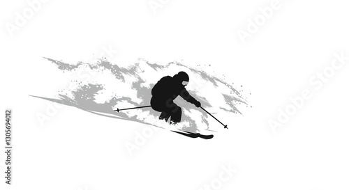 Wallpaper Mural Dynamic Skiing Silhouette - Action Vector Graphic of Skier in Motion with Snow Spray on White. Torontodigital.ca