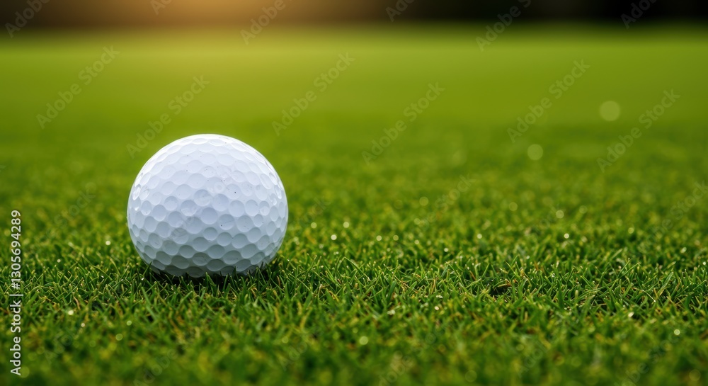 Golf ball on pristine green grass field at sunset Golf ball on pristine green grass field at sunset