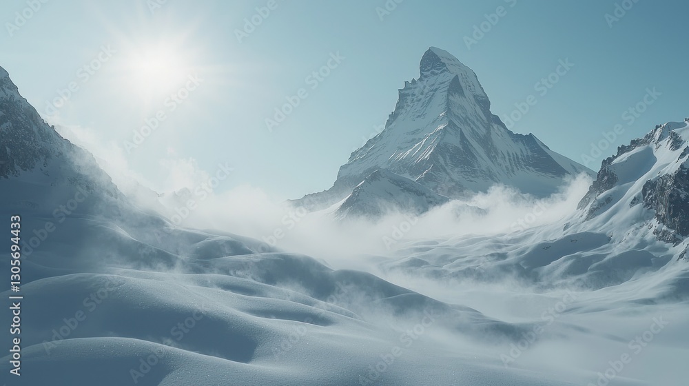 Majestic snow-capped mountain peak shrouded in mist, sunlit. Majestic snow-capped mountain peak shrouded in mist, sunlit.