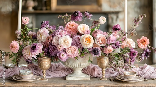 Elegant floral centerpiece on rustic table;  romantic event;  rustic decor;  floral design;  wedding inspiration
