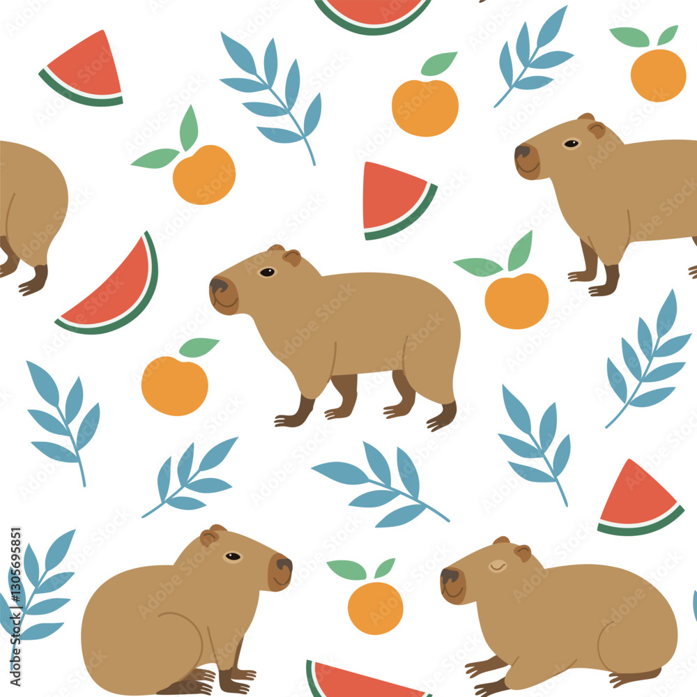 Obraz premium Seamless pattern with cute capybara, oranges and watermelon. Vector hand-drawn doodle illustration in trendy style.