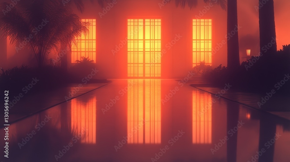 Mysterious, warm-toned image of a tranquil reflection in a pool, framed by large windows and palm trees in a hazy atmosphere. Mysterious, warm-toned image of a tranquil reflection in a pool, framed by large windows and palm trees in a hazy atmosphere.
